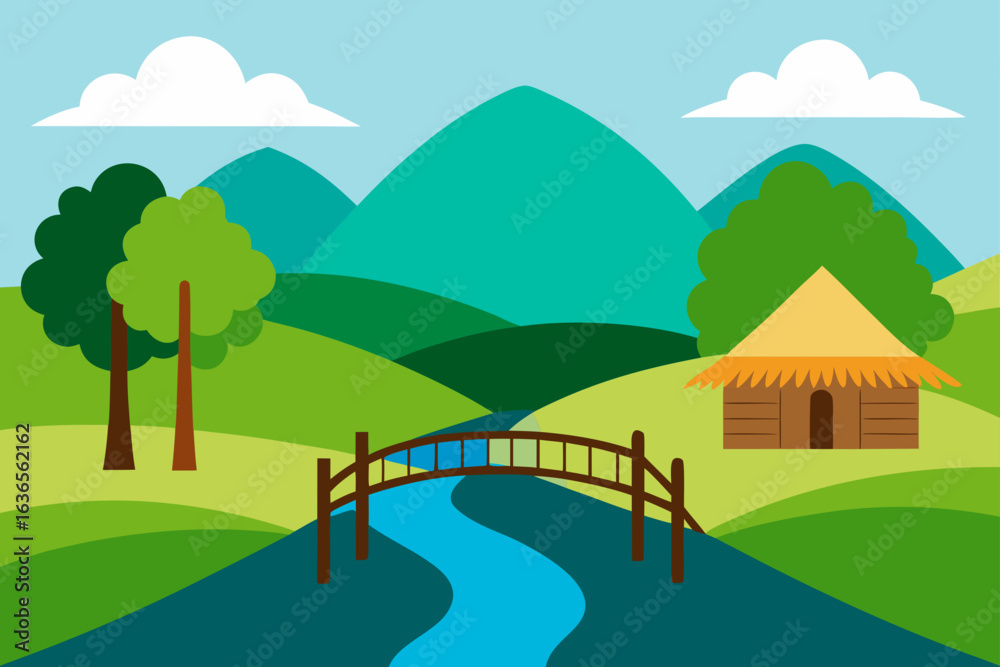 Fototapeta premium Peaceful countryside landscape with a wooden bridge over a river and a small hut