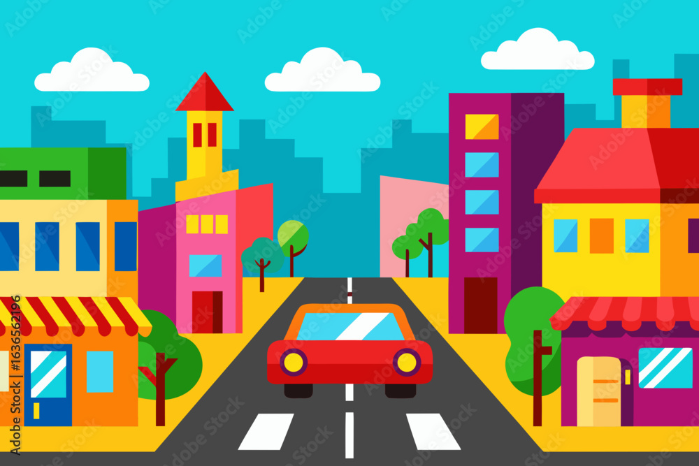 Naklejka premium A vibrant flat design illustration of a red car driving down a street lined with colorful buildings and trees under a bright blue sky with clouds