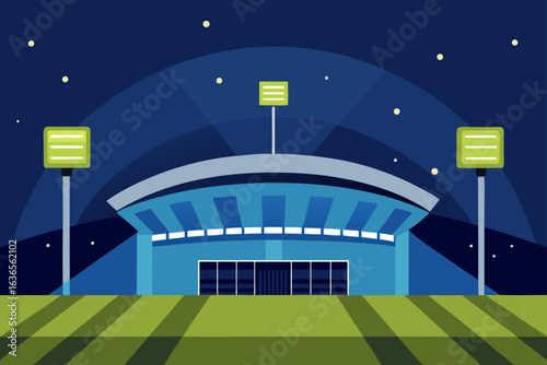 Modern stadium illuminated by bright floodlights under a clear night sky with scattered stars