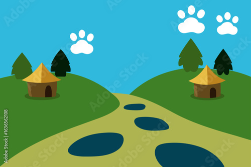 Whimsical cartoon landscape with two small houses green hills a winding path with puddles and paw prints in the sky