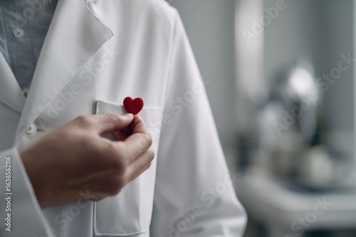 close up of male doctor gently holding red heart on lab coat with stethoscope concept of empathy care appreciation and compassion in healthcare support for doctors day or medical celebration