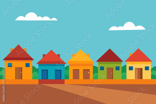 Colorful row of simple flat design houses under a bright blue sky with fluffy white clouds