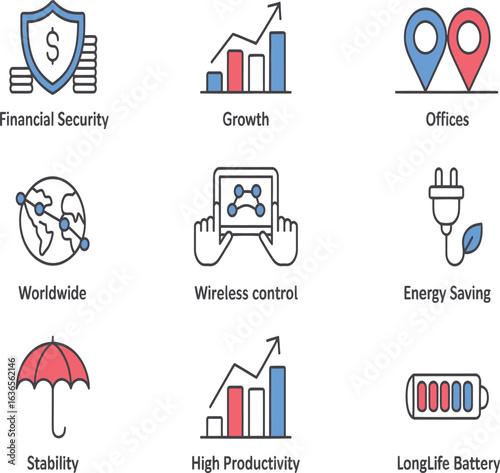 Business growth, financial security, and global connectivity icons for modern corporate success and productivity themes.