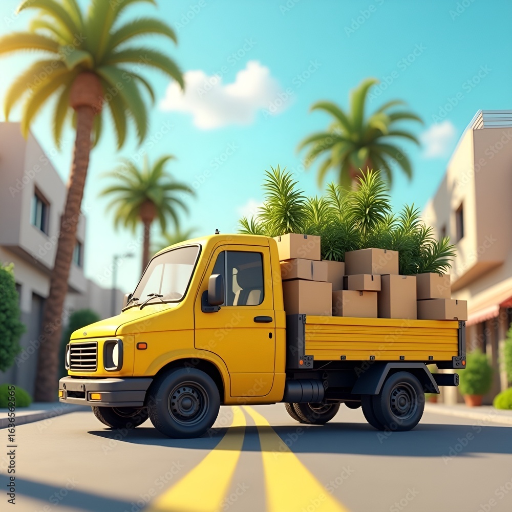 Fototapeta premium Yellow Delivery Truck with Packages in a Tropical City Setting 