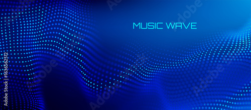3D music bg wave background featuring sound data patterns and abstract audio lines. Digital music equalizer effects with ripple dots for tech conference banner. Futuristic cyber design with particles.
