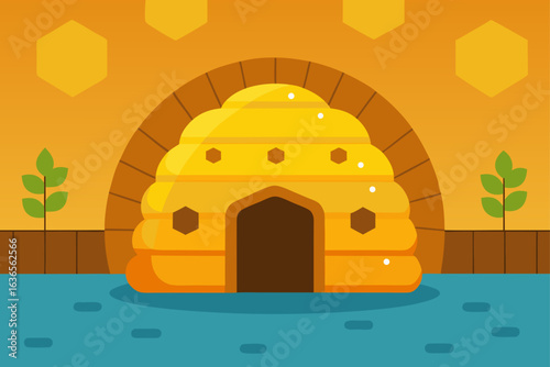 Stylized illustration of a large round yellow beehive with hexagonal openings and white dots set against an orange background with hexagonal shapes and green plants