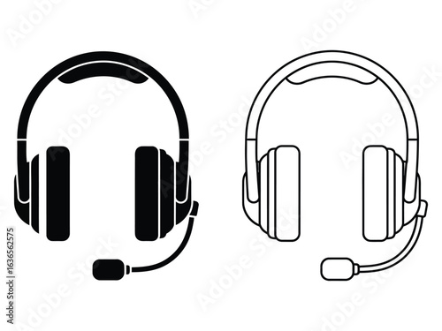 Black and white graphic icons of headphones with microphone headset audio