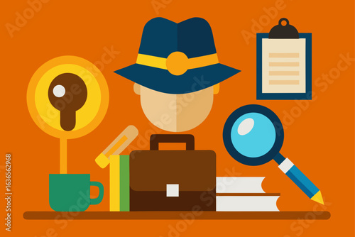 Flat design illustration of a detective with a hat magnifying glass briefcase and evidence on an orange background