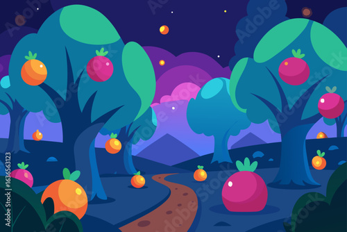 Whimsical fantasy orchard at twilight with glowing fruits and a winding path under a starry sky