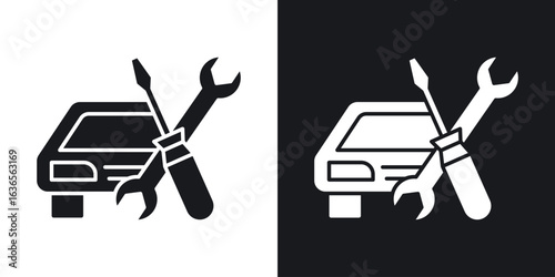 Car repair icon in black and white glyph versions
