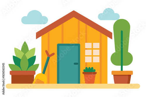 Charming flat design illustration of a yellow garden shed with plants and gardening tools on a sunny day