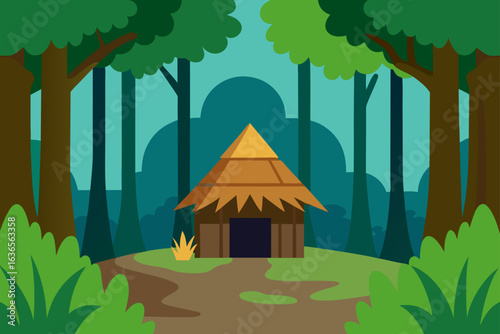 Charming thatched hut nestled deep within a vibrant green forest on a clear day