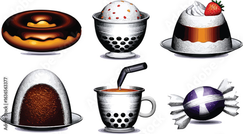 Variety of delicious desserts and drinks illustration