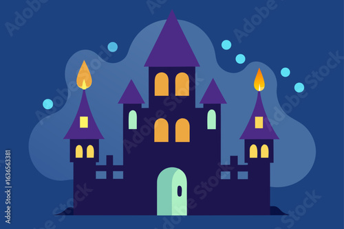 A stylized dark purple castle with glowing orange windows and pointed towers stands against a deep blue night sky