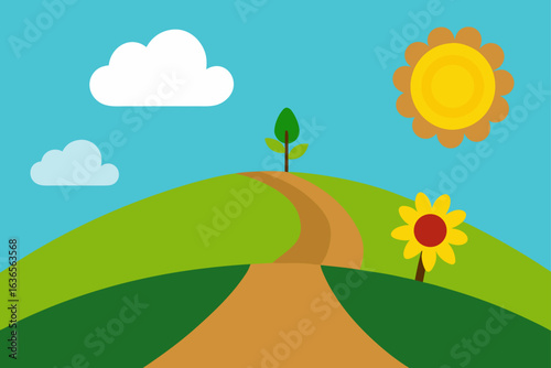 A charming cartoon landscape featuring a winding dirt path leading up a green hill under a bright blue sky with fluffy white clouds and a smiling sun