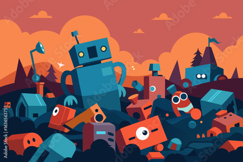 A whimsical and colorful illustration of a robot graveyard filled with various discarded robot parts and structures under a vibrant sky