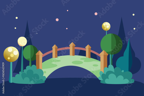 Whimsical cartoon style arched bridge in a park at night with glowing orbs and stars