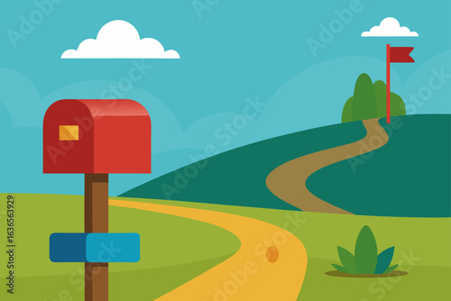 Red mailbox stands at the beginning of a winding path leading to a flag on a hilltop