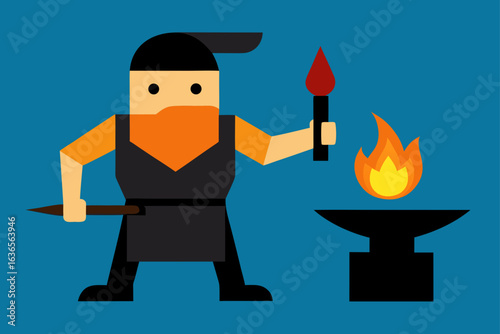 Stylized blacksmith character holding a torch and hammer near an anvil with flames