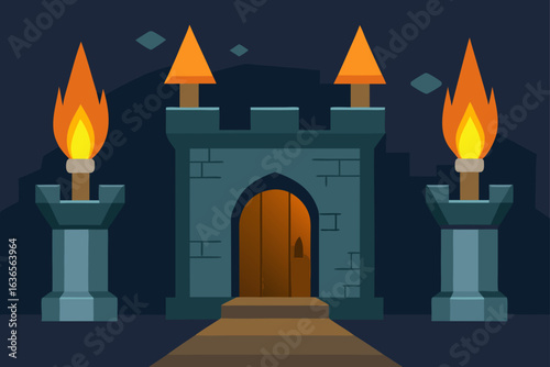 Enchanting medieval castle gate illuminated by flickering torches under a starry night sky