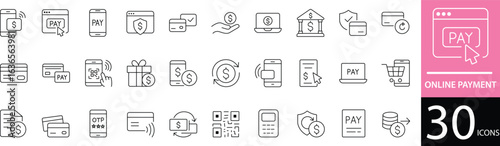 Minimal Online Payment Line Icon Set 30 Clean Outline Symbols for E-commerce, Wallet, and Digital Finance Design