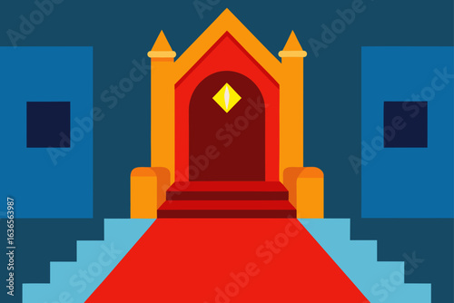 A grand throne sits on a raised platform with a red carpet leading to it and blue stairs on either side