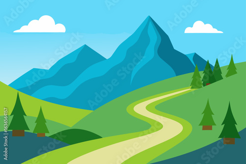 A winding dirt path leads through lush green rolling hills towards majestic blue mountains under a clear sky with fluffy clouds