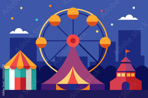 Flat design illustration of a vibrant carnival scene at night with a ferris wheel and tents under a starry sky