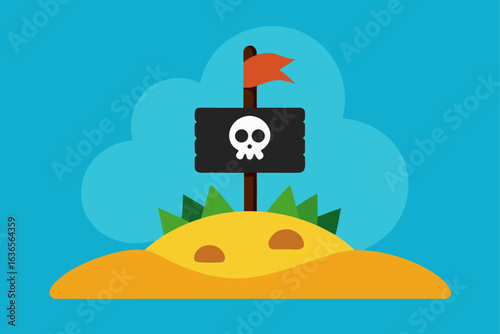 Cartoon skull and crossbones pirate flag on a sandy island with green foliage under a blue sky