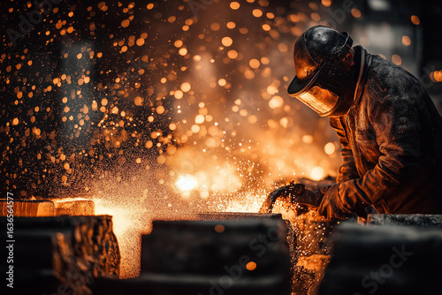 Industrial foundry worker wearing protective gear, pouring molten metal into molds, sparks flying, intense heat glow