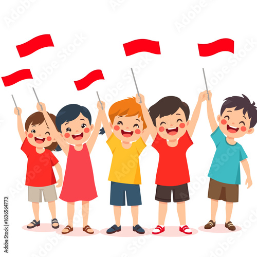 A cheerful group of diverse cartoon children holding hands and waving red and white flags in a patriotic celebration