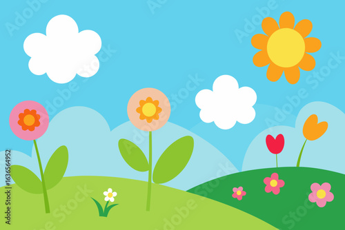 Bright cartoon illustration of a sunny spring day with colorful flowers fluffy clouds and green rolling hills