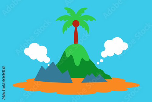 Cartoon island with a palm tree and mountains surrounded by a bright blue ocean and fluffy white clouds
