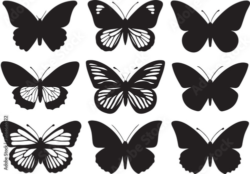 Nine Black Butterfly Silhouettes with Varied Wing Patterns