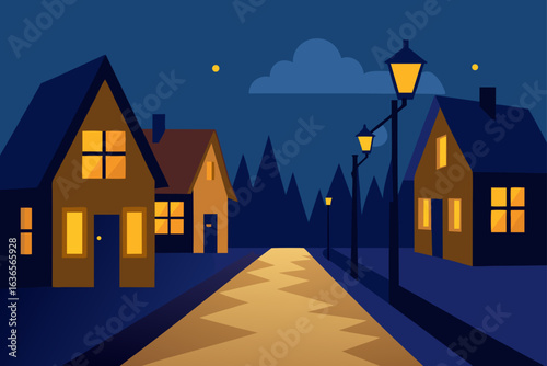 Cozy suburban street at night with illuminated houses and glowing streetlights casting warm light