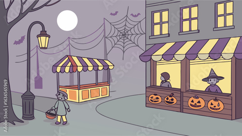 A charming cartoon illustration of a halloween street scene at night featuring trick or treaters festive stalls and spooky decorations under a full moon