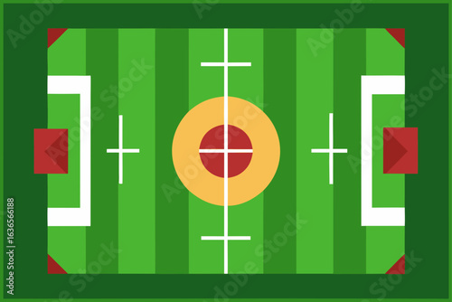 Top view of a stylized green sports field with center circle and goal boxes
