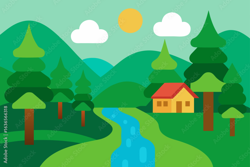 Fototapeta premium A charming yellow house with a red roof nestled in a lush green forest beside a winding blue river under a sunny sky with clouds