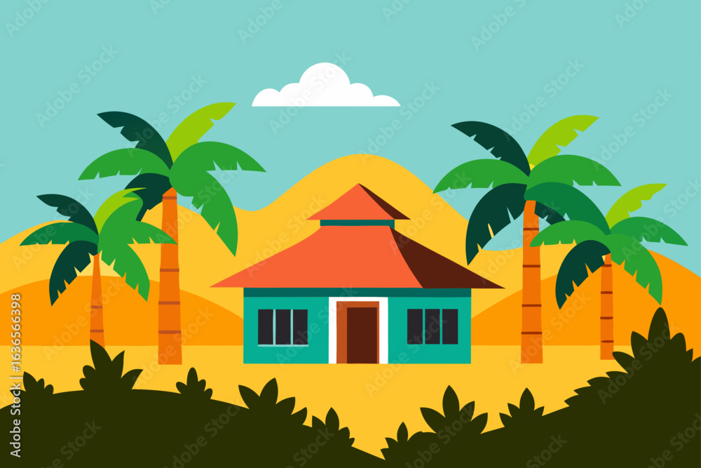 Obraz premium Vibrant tropical landscape with a teal house and orange roof surrounded by palm trees and rolling hills