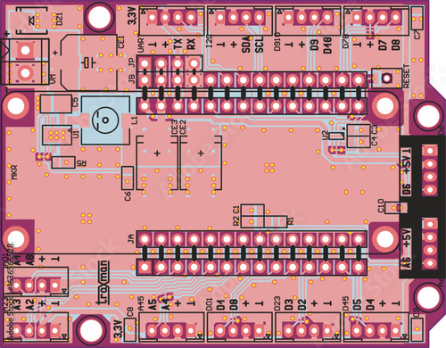Vector printed circuit board of electronic 
device with components of radio elements, 
conductors and contact pads placed on pcb. 
Engineering technical drawing. Computer technic cad design.