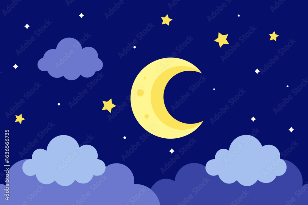 Fototapeta premium Whimsical crescent moon and glowing stars illuminate a dreamy night sky with fluffy clouds