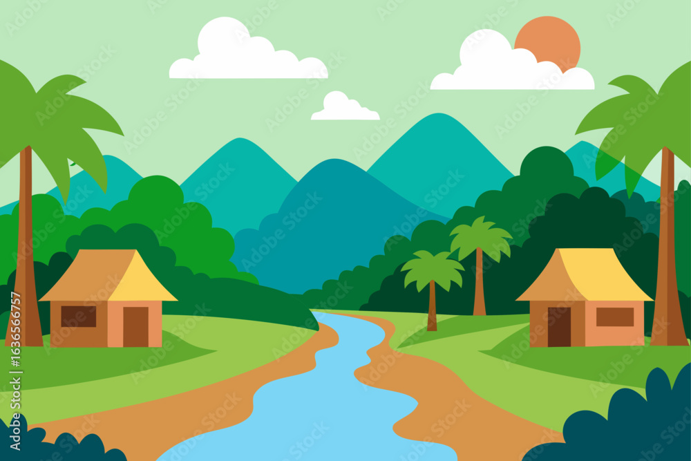 Fototapeta premium Idyllic tropical landscape with a winding river lush green trees distant mountains and simple huts