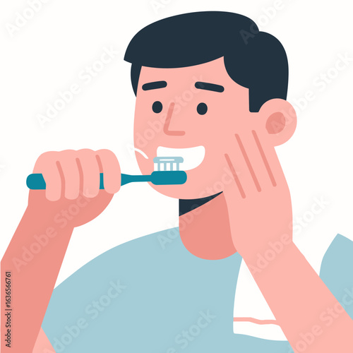 Illustration of a happy man cleaning his teeth with a toothbrush as part of his daily oral hygiene routine for good dental health