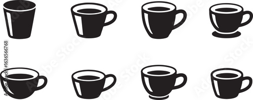 Set of vector coffee and tea cup icons illustration. coffee and tea glass silhouette icon set.