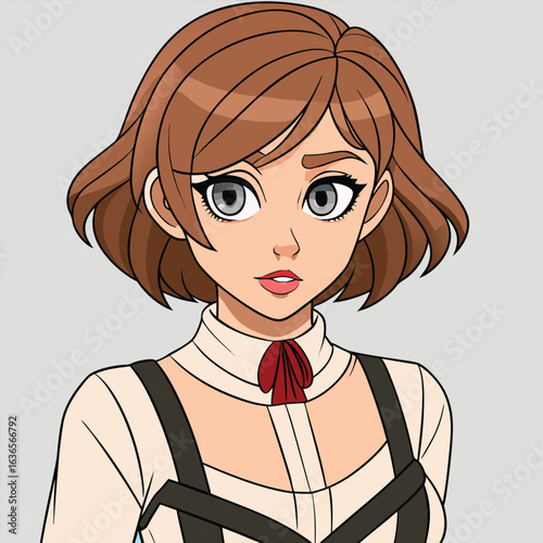 Anime style young woman with brown hair and grey eyes wearing a white shirt and red bow girl portrait