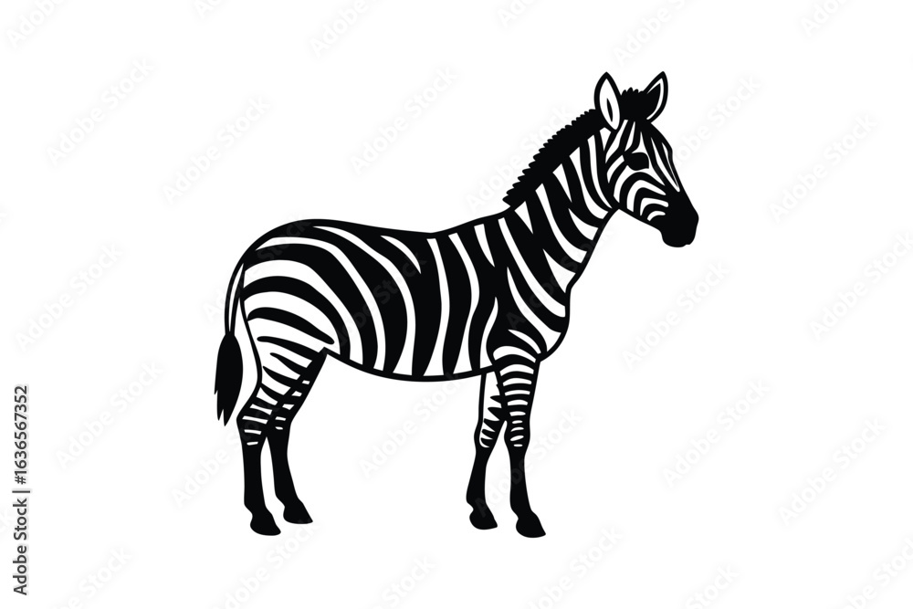 Fototapeta premium Striking Zebra Illustration in Black and White Silhouette Style on a Clean Background Perfect for Graphic Design Projects silhouette