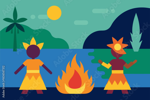 Two stylized figures in traditional attire dancing around a campfire by a serene lake at sunset