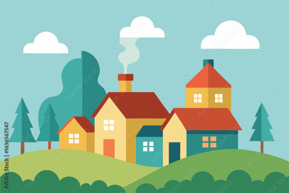 Naklejka premium Charming flat illustration of colorful houses nestled on rolling green hills under a bright blue sky with fluffy clouds