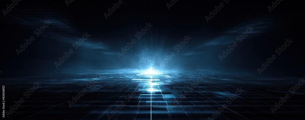 Obraz premium Abstract Blue Digital Grid Background with Light Beam for Technology and Futuristic Design Projects