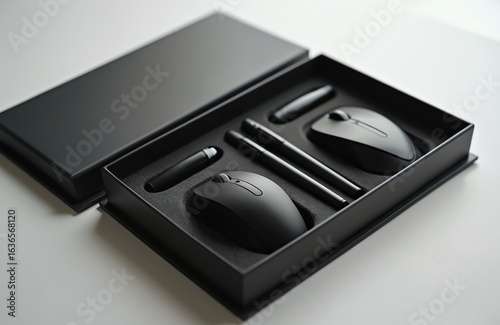 Wallpaper Mural Sleek black gift set featuring pens, wireless mice presented in minimalist box. Sophisticated collection includes writing tools, computer accessories for executive, corporate use. Perfect for Torontodigital.ca